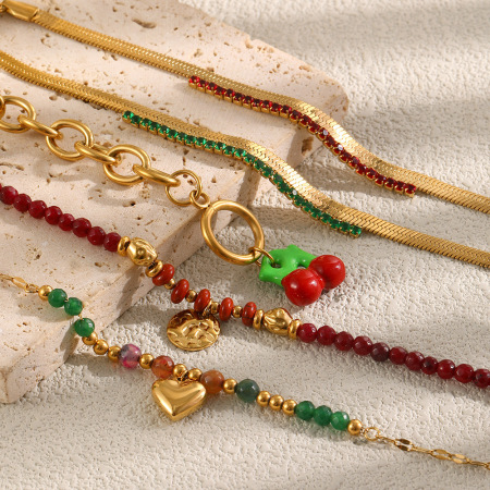 Bracelets à breloques pour femmes, collection Simple Series Daily, forme irrégulière, cerise, en acier inoxydable, étanches, couleur or