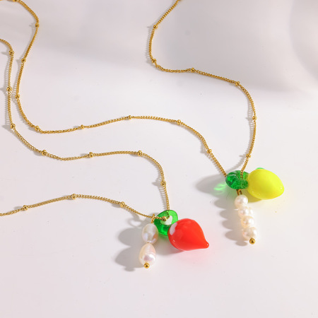 Colliers pendentifs pour femmes en acier inoxydable doré, imperméables et ornés de perles, avec fruits glacés