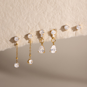 Boucles D'Oreilles Pour Femmes, Ensemble Simple, Pompon Rond, En Acier Inoxydable, Étanche, Couleur Or, Zircon. h5 Image2