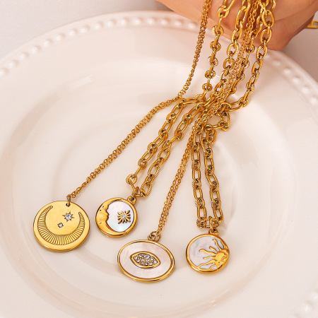 Colliers pendentifs pour femmes, collection classique, motif soleil et lune, en acier inoxydable étanche, couleur or 2