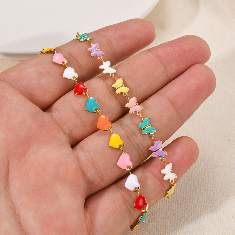 Bracelet Chaîne Femme En Acier Inoxydable Étanche Avec Cœur Et Papillon Émaillés, Collection Romantique Image4
