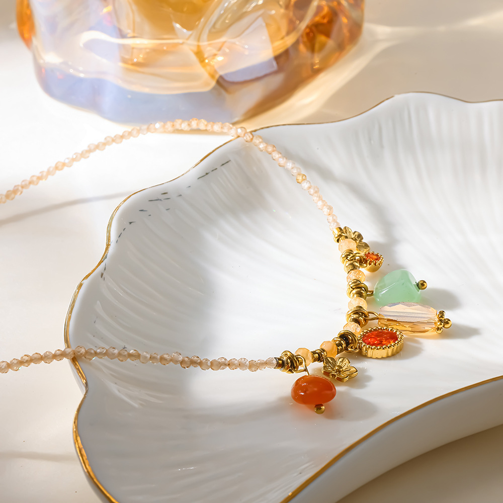 Collier De Perles Pour Femme, Collection Romantique, Forme Géométrique Quotidienne, Acier Inoxydable, Étanche, Couleur Or, Zircon. Image3