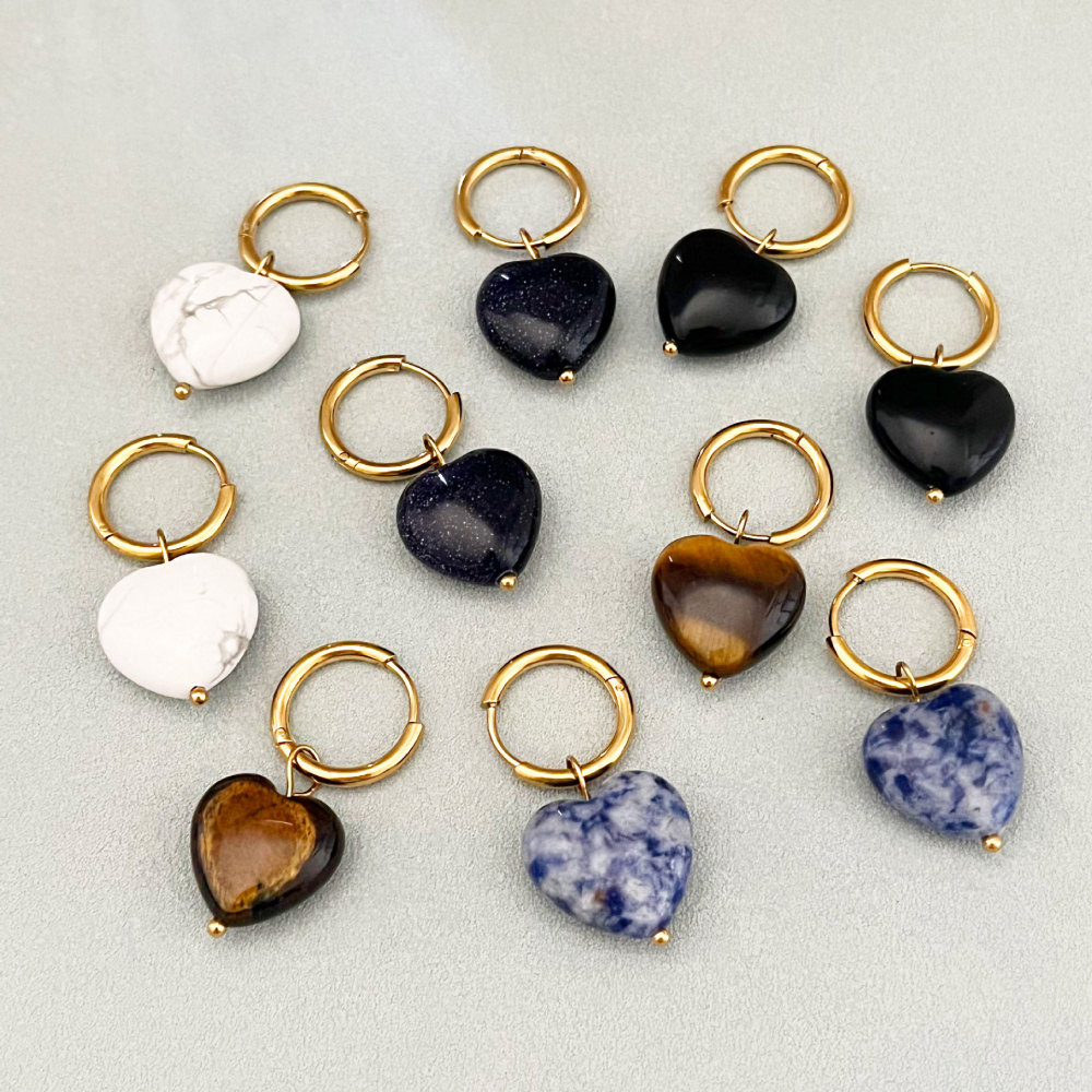 Boucles D'Oreilles Pendantes Pour Femme, Motif Cœur Simple Et Pierres Naturelles h5Image2
