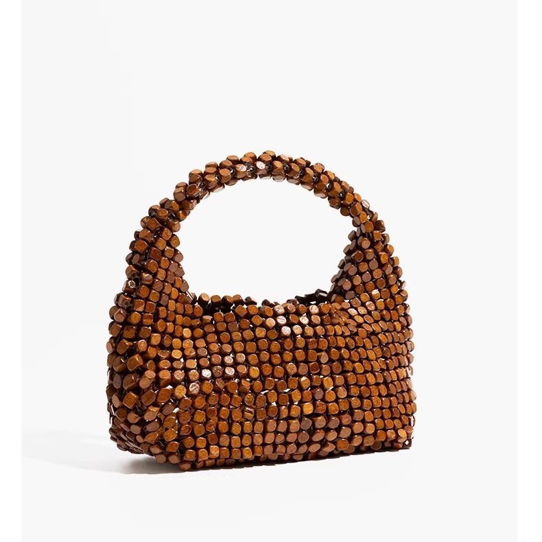 Sac À Oreiller Pour Femme En Bois Tressé Ajouré, Orné De Perles Unies De Style Ancien. h5Image3