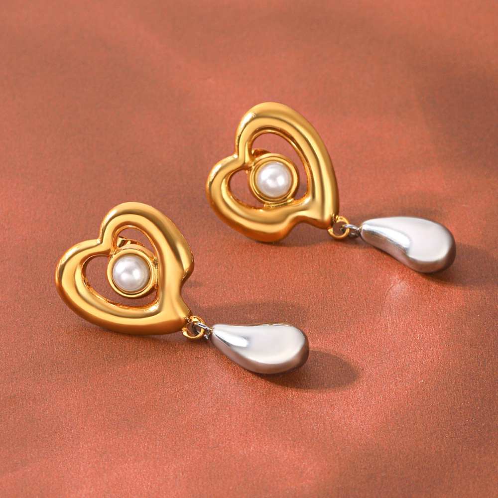 Boucles D'Oreilles Pendantes Pour Femme, Modèle Daily Droplet Heart, En Acier Inoxydable Doré Et Perles D'Eau Douce. Image5