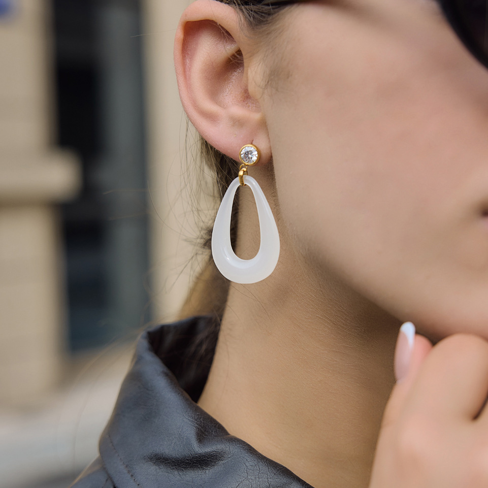 Boucles D'Oreilles Pendantes Pour Femmes, En Résine Et Zircon, Forme Elliptique, Collection Simple Series Image4