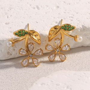 Boucles D'Oreilles Puces Pour Femmes, Collection Sweet Cherry, En Acier Inoxydable Étanche, Couleur Or Et Zircon. h5 Image3