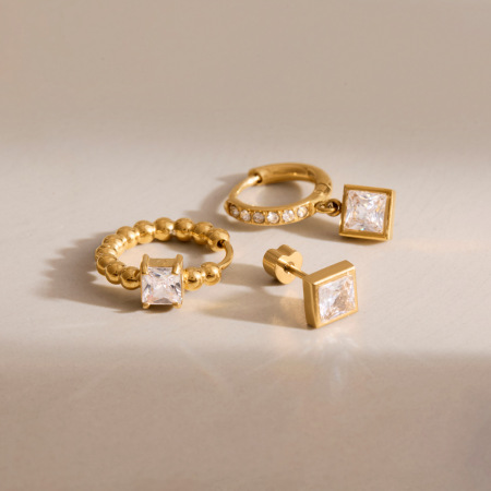 Ensembles de boucles d'oreilles pour femmes, style rectangulaire simple, en acier inoxydable, étanches, couleur or, avec zircon. 2