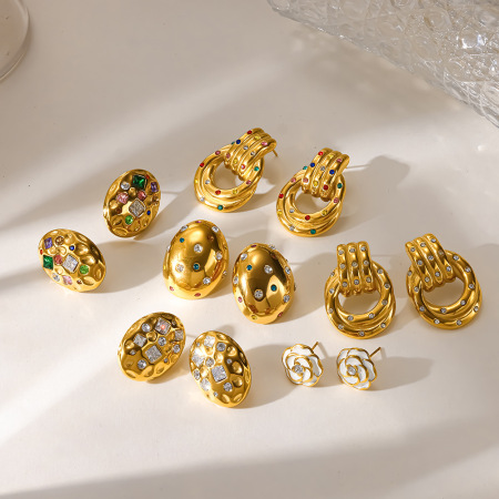 Boucles d'oreilles puces pour femmes, collection Simple Series Daily Polka Dots, forme elliptique, acier inoxydable, couleur or, zircon, étanches.