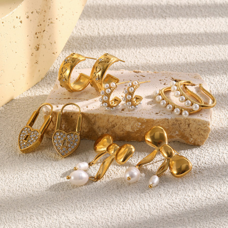 Boucles d'oreilles créoles pour femmes, style rétro, forme irrégulière, en acier inoxydable, étanches, couleur or, collection Simple Series 2