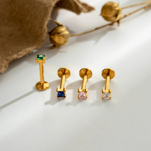 Boucles D'Oreilles Piercing Pour Femmes, Style Rectangulaire, En Alliage De Titane Doré Et Zircon, Collection Simple Series h5 Image6