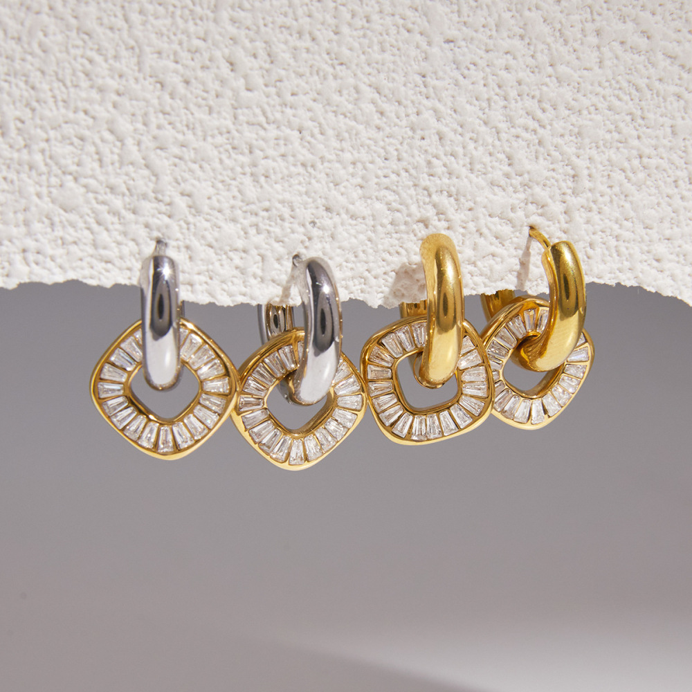 Boucles D'Oreilles Pendantes Pour Femme, Style Rond, En Acier Inoxydable, Couleur Or, Avec Zircon, Collection Simple Series Daily. Image4