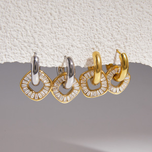 Boucles D'Oreilles Pendantes Pour Femme, Style Rond, En Acier Inoxydable, Couleur Or, Avec Zircon, Collection Simple Series Daily. h5 Image4
