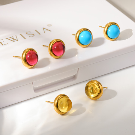 Boucles d'oreilles puces Daily Circle en acier inoxydable étanche avec zircon coloré pour femmes 2