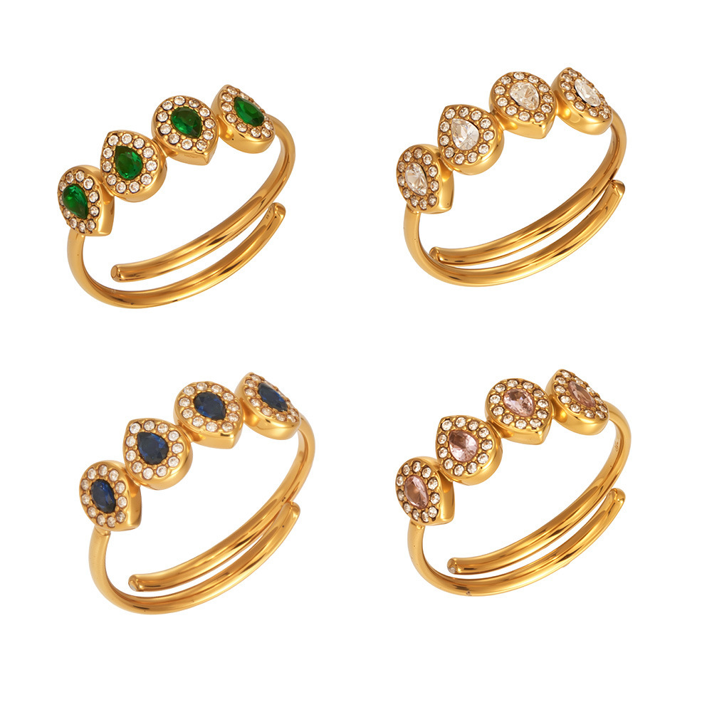 Bagues Pour Femmes En Acier Inoxydable Doré, Étanches, Serties De Zircon Et Ornées D'Une Goutte D'Eau, Collection Luxe Simple Droplet. Image5