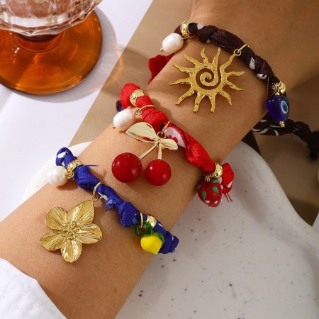 Bracelets tressés pour femmes, motif floral ethnique, soleil et cerise, couleur or