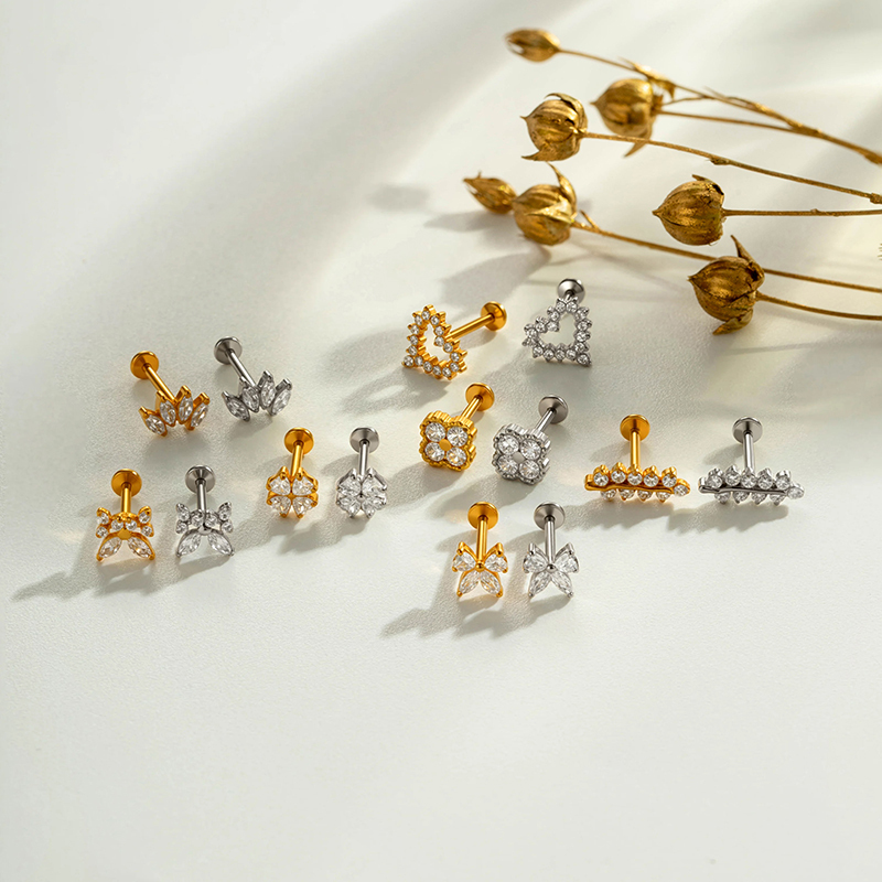 Boucles D'Oreilles Piercing Femme, Motif Fleur, Cœur, Nœud Papillon Et Étoile, En Acier Inoxydable Étanche, Couleur Or, Zircon. Image5