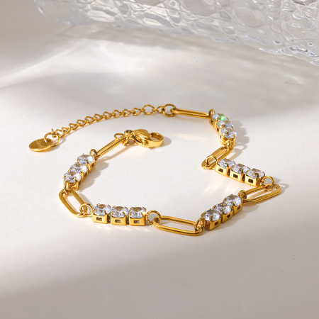 Bracelet chaîne pour femme, élégant et géométrique, en acier inoxydable, couleur or, avec zircon, étanche. Collection Luxueuse.