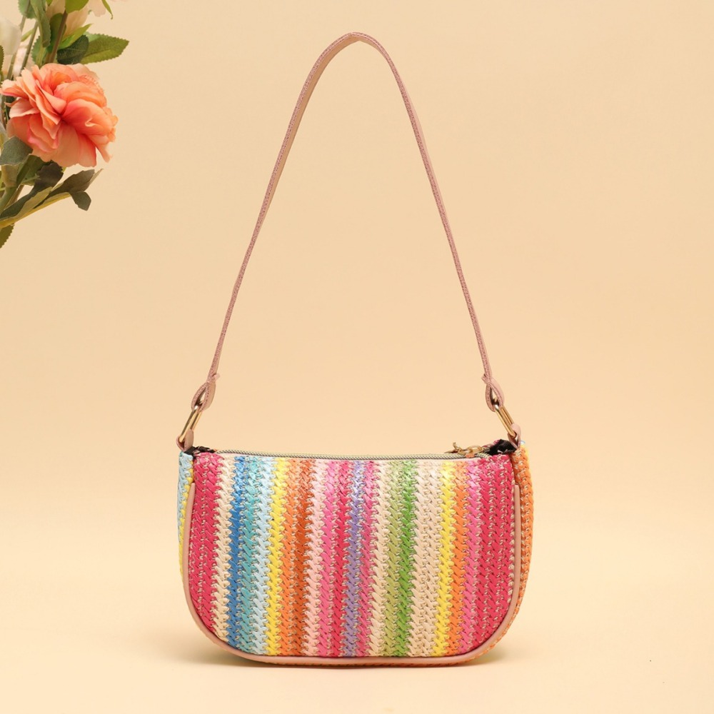 Sac Carré Pour Femme En Raphia Tissé À Rayures Multicolores Style Décontracté h5Image3