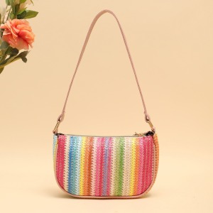 Sac Carré Pour Femme En Raphia Tissé À Rayures Multicolores Style Décontracté h5 Image3