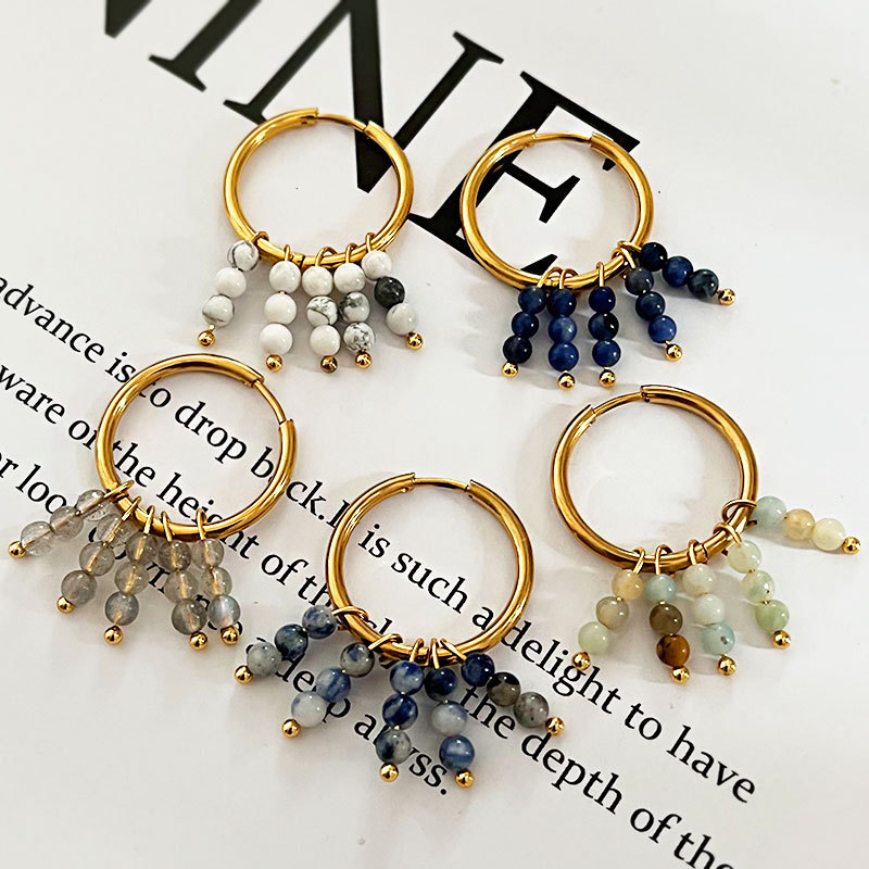 Boucles D'Oreilles Pendantes Pour Femme, Ornées De Pompons, De Pierres Naturelles Et D'Acier Inoxydable Étanche, Couleur Or. h5Image3