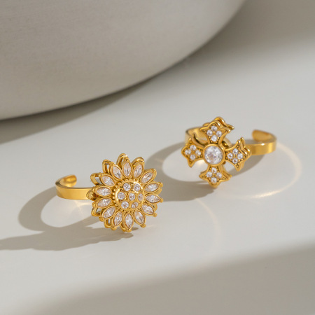 Bagues de luxe en acier inoxydable doré avec pierre précieuse zircon, collection Fleur