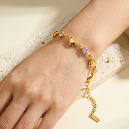 Bracelet chaîne femme en acier inoxydable imperméable, orné de zircon et de motifs patchwork cœur romantique