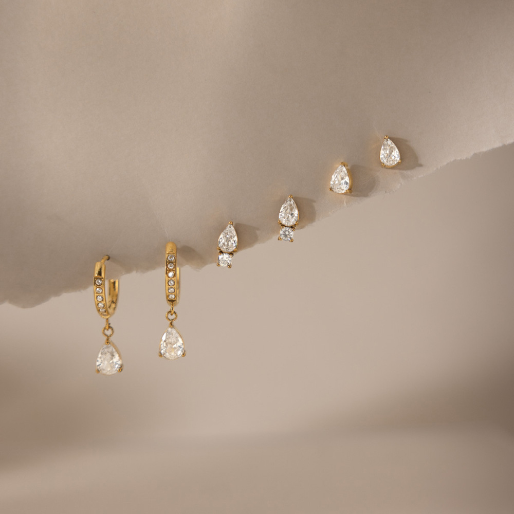 Boucles D'Oreilles Pour Femmes En Acier Inoxydable Imperméable, Couleur Or, Avec Zircon Et Motif Goutte Simple Image3