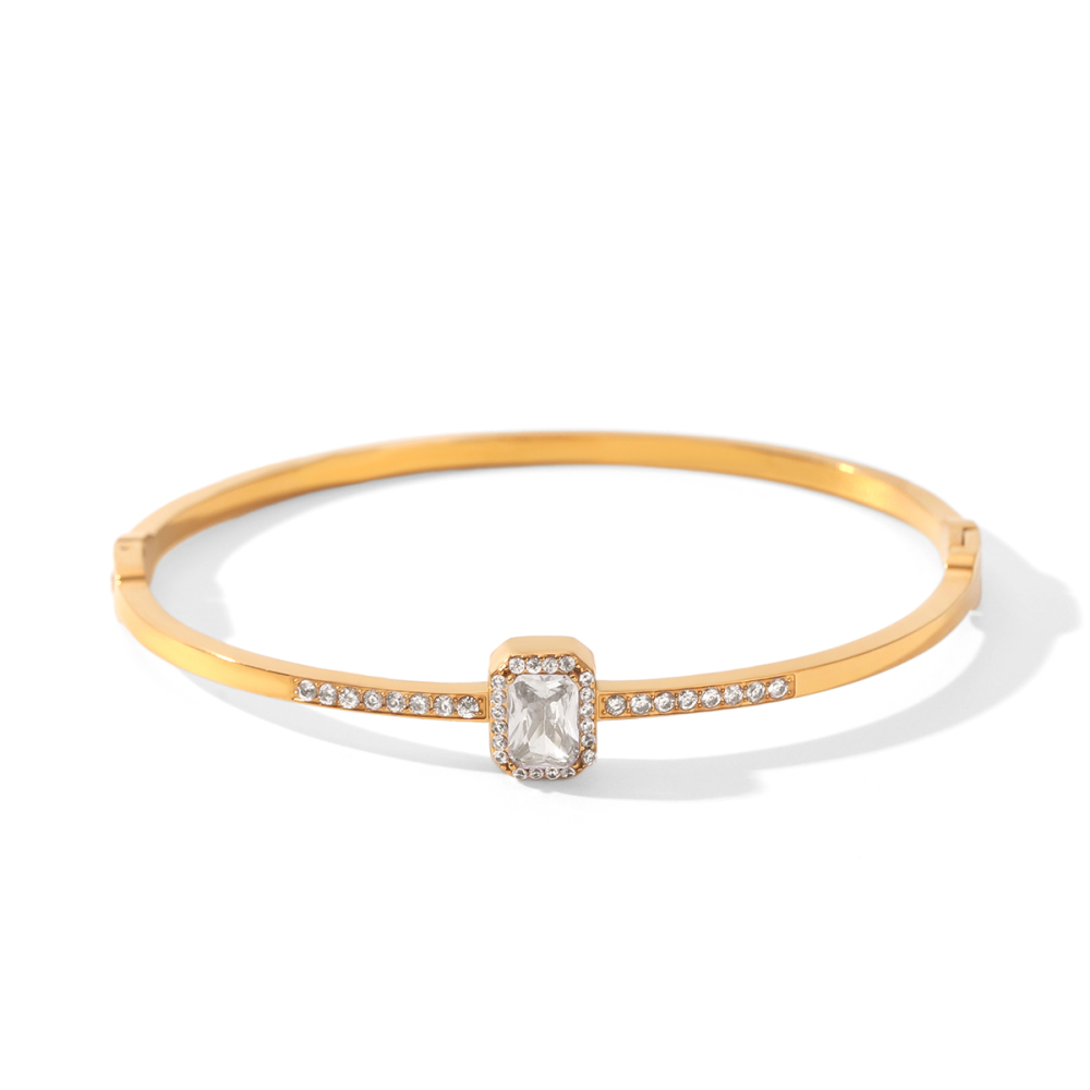 Bracelet Jonc De Luxe Simple Pour Femme, De Forme Rectangulaire, En Acier Inoxydable Imperméable, Couleur Or, Orné De Zircon. 