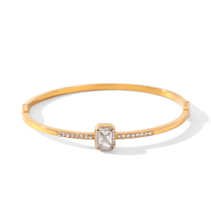 Bracelet Jonc De Luxe Simple Pour Femme, De Forme Rectangulaire, En Acier Inoxydable Imperméable, Couleur Or, Orné De Zircon. h5 