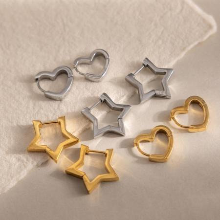 Boucles d'oreilles créoles pour femmes, style classique cœur et étoile, en acier inoxydable, étanches, couleur or, de la collection Simple Series