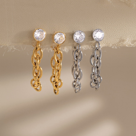 Boucles d'oreilles pendantes pour femme, en acier inoxydable, couleur or, avec zircon et chaîne simple et étanche
