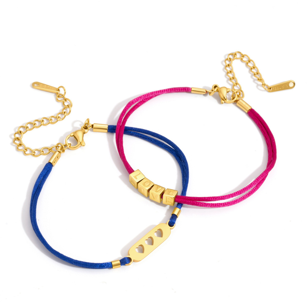 Bracelets Tressés Pour Femmes Simple Series Sweet Letter En Acier Inoxydable, Étanches, Couleur Or Image5