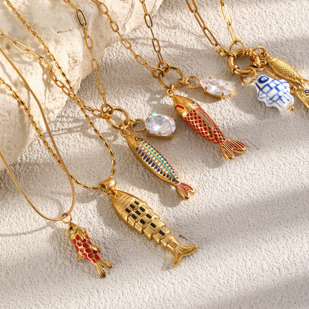 Colliers pendentifs pour femmes, collection Luxe, motif poisson, en acier inoxydable étanche couleur or