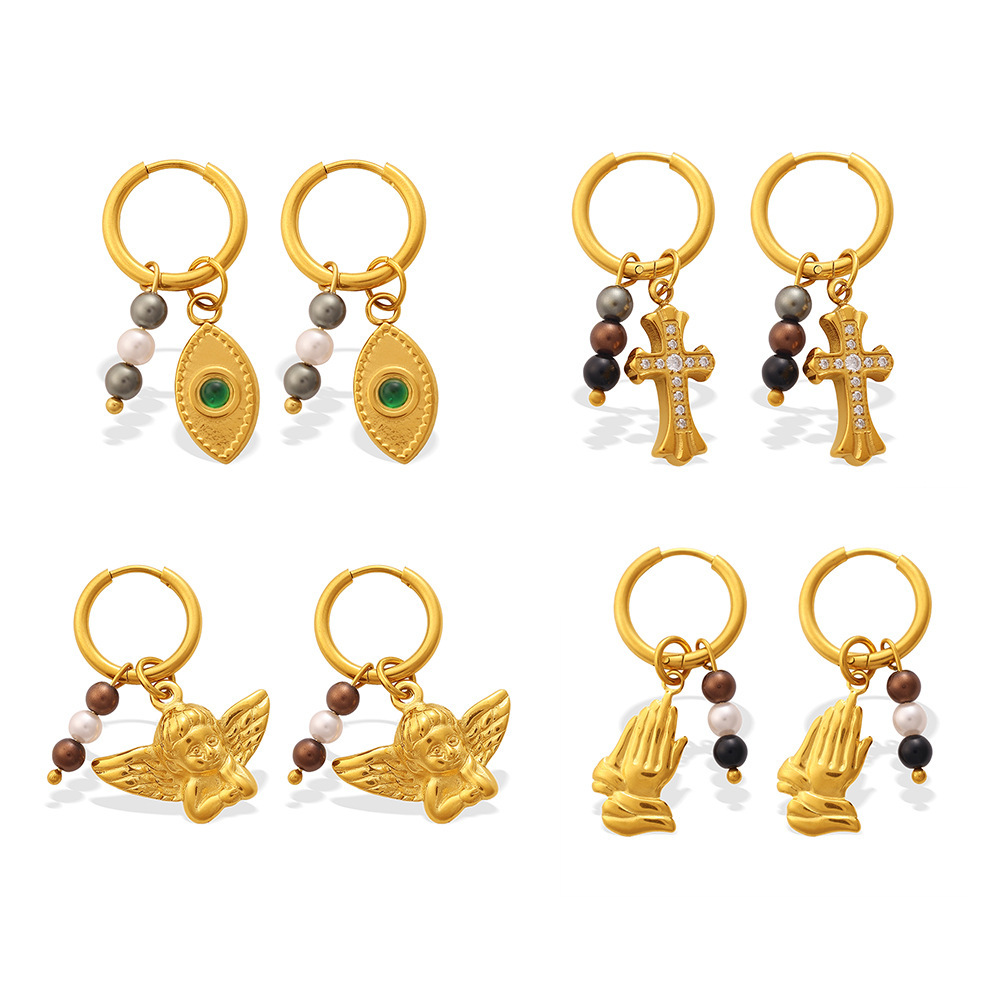 Boucles D'Oreilles Pendantes Pour Femme, Style Œil De Diable, Croix Et Ange, En Acier Inoxydable Étanche Avec Zircon, Collection Simple Series Daily Image5