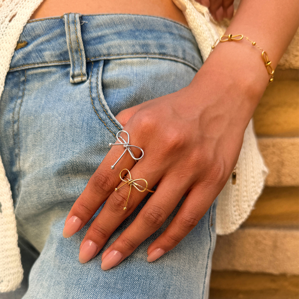 Bague Simple Series Daily Bow Knot En Acier Inoxydable Étanche Couleur Or Image5