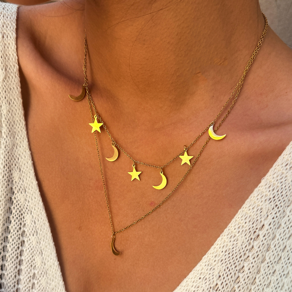 Colliers Pendentifs Femme Simples, Rétro, Étoile Et Lune, En Acier Inoxydable Étanche, Couleur Or Image3