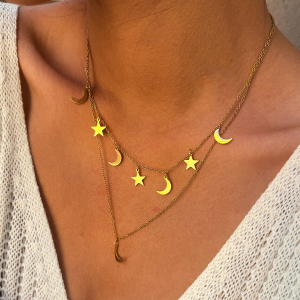 Colliers Pendentifs Femme Simples, Rétro, Étoile Et Lune, En Acier Inoxydable Étanche, Couleur Or h5 Image3