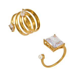 Bagues Pour Femmes En Acier Inoxydable Doré, Style Rectangulaire, Ornées De Zircon Et De Pierres Précieuses, Avec Un Design Simple Et Épuré. Collection Luxe. h5 Image5