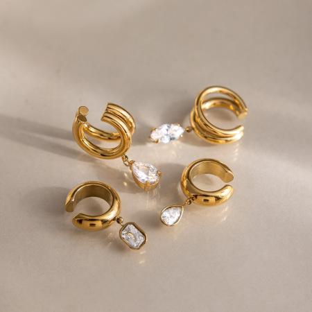 Boucles d'oreilles manchette d'oreille pour femme, style classique goutte d'eau, rectangulaire, en acier inoxydable, étanches, couleur or, avec zircon. 2