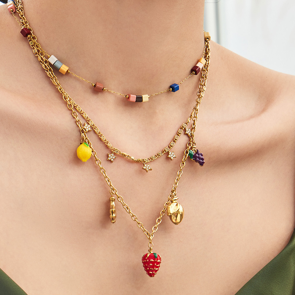 Ensembles De Colliers Pour Femmes, Collection Romantique, Motif Fruits De Vacances, En Acier Inoxydable, Couleur Or, Étanches, Avec Pierres Naturelles. Image2