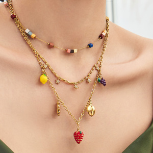 Ensembles De Colliers Pour Femmes, Collection Romantique, Motif Fruits De Vacances, En Acier Inoxydable, Couleur Or, Étanches, Avec Pierres Naturelles. h5 Image2