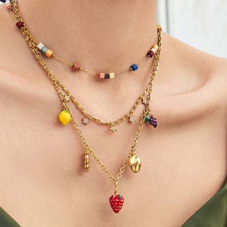 Ensembles de colliers pour femmes, collection romantique, motif fruits de vacances, en acier inoxydable, couleur or, étanches, avec pierres naturelles. 2