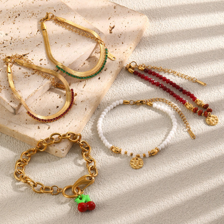 Bracelets à breloques pour femmes, collection Simple Series Daily, forme irrégulière, cerise, en acier inoxydable, étanches, couleur or 2