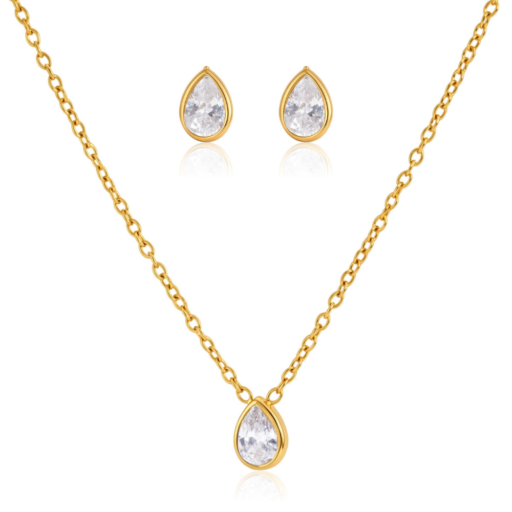 Ensembles De Colliers Pour Femmes En Acier Inoxydable Imperméable Avec Zircon Doré Et Motif Goutte Simple Image5