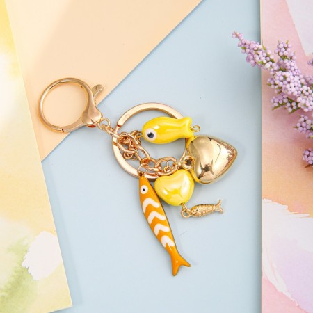 Porte-clés en acier inoxydable style océanique décontracté avec motif de poisson et cœur, collection ethnique 2