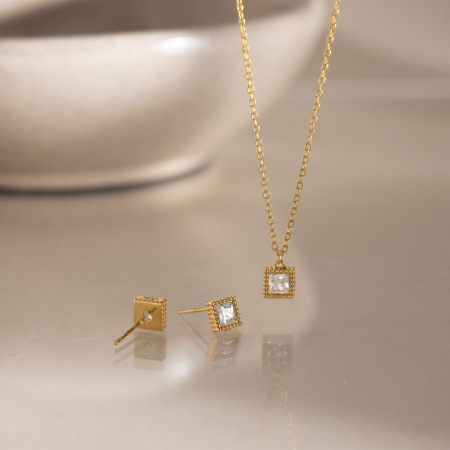 Ensembles de colliers pour femmes en acier inoxydable rectangulaire étanche couleur or avec zircon 2