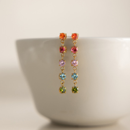 Boucles d'oreilles pendantes élégantes pour femmes, en acier inoxydable imperméable, couleur or, avec pompon et zircon.