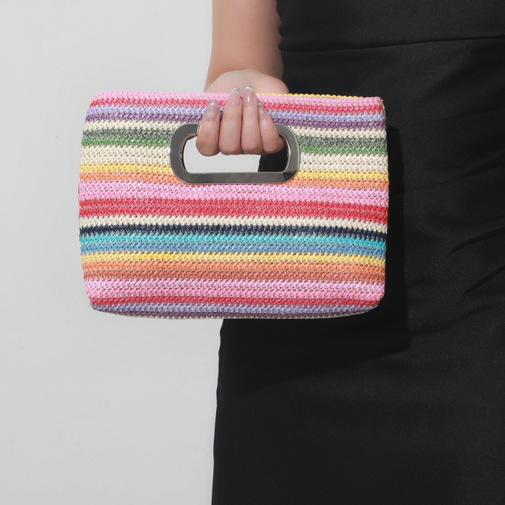 Sac Carré Pour Femme En Raphia Tissé À Rayures Multicolores, Style Décontracté h5Image3