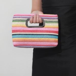 Sac Carré Pour Femme En Raphia Tissé À Rayures Multicolores, Style Décontracté h5 Image3